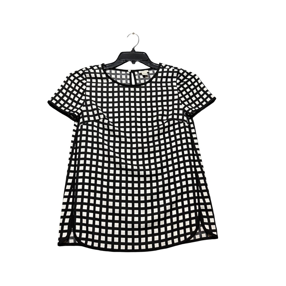 J.Crew Checkered Short Sleeve Blouse Women XXS Petite Black White Excellent Grid